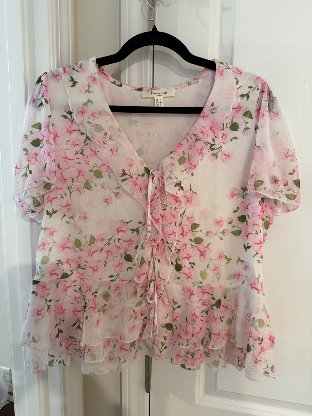 Hanae Mori Pink Floral Tie-Front Chiffon Blouse